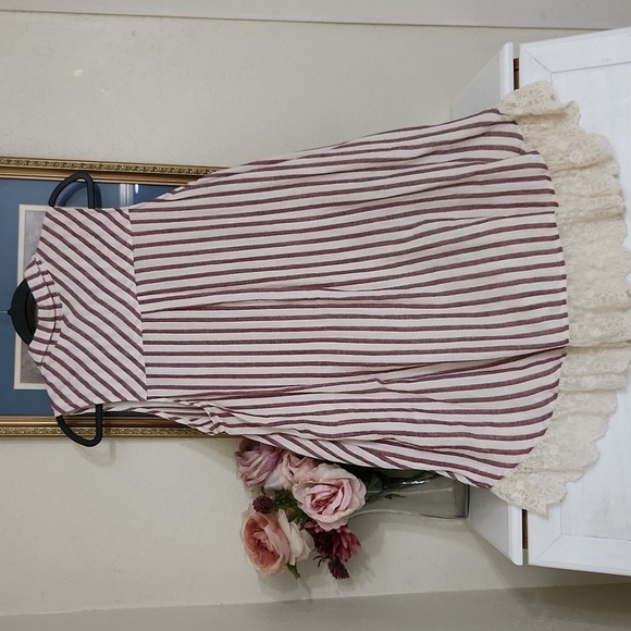 TShirt Dress Striped Sleeveless with Lace Hem Pockets Summer Beach Vacation - Picture 10 of 10